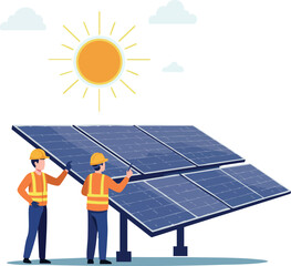 Solar Panel Installation Workers with Sunlight Energy Sustainable Power System Vector 