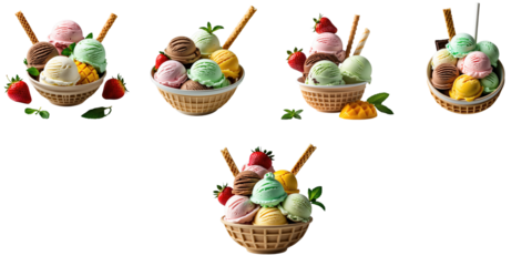 Variety of colorful ice cream scoops including strawberry, chocolate, mint, green tea, and mango in waffle bowls with wafer sticks isolated on transparent background