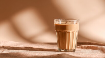 Minimalist advertising shot of frothy teh tarik in glass malaysian tea experience lifestyle environment captured viewpoint
