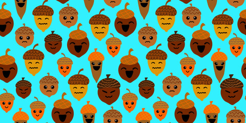 seamless pattern with cute acorn emoji faces – autumn nut characters in kawaii style on bright blue background – fall kids digital paper for thanksgiving © pani_Nadichka