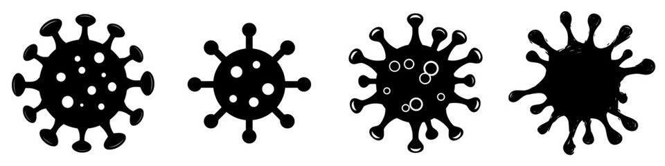 The COVID-19 coronavirus disease is represented by a modern black silhouette, with the COVID-2019 silhouette icon isolated on a white background as a symbol of virus infection in clip art