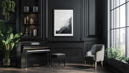 Stylish black piano in a dark, elegant room.
