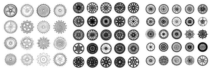 The icon set includes a variety of simple gear wheels, also known as cogwheels, in a modern design