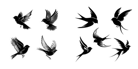 Fototapeta premium A stylized illustration of birds in flight, showcased as silhouettes on a white backdrop, can be used for tattoos or as a unique wallpaper background
