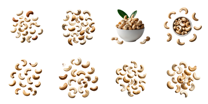 Collection of cashew nuts on a transparent background featuring scattered nuts and bowls of cashews in various arrangements highlighting their texture and shape.