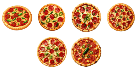 Variety of pepperoni pizzas with chicken and jalapeno peppers displayed on a transparent background featuring different toppings and crust styles arranged in a circular formation