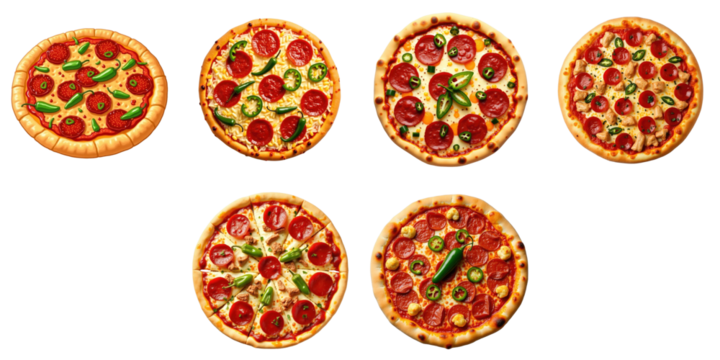 Variety of pepperoni pizzas with chicken and jalapeno peppers displayed on a transparent background featuring different toppings and crust styles arranged in a circular formation