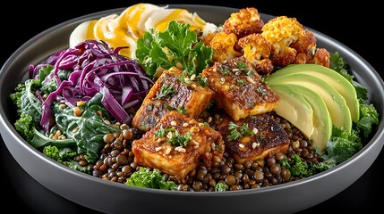 Wholesome vegetarian bowl with beets avocado kale tofu mix high resolution picture