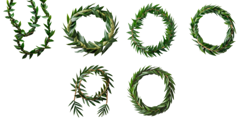 Double twist Maile-style Ti Leaf Lei collection isolated on transparent background featuring six distinct floral arrangements ideal for special occasions like graduations weddings and anniversaries...