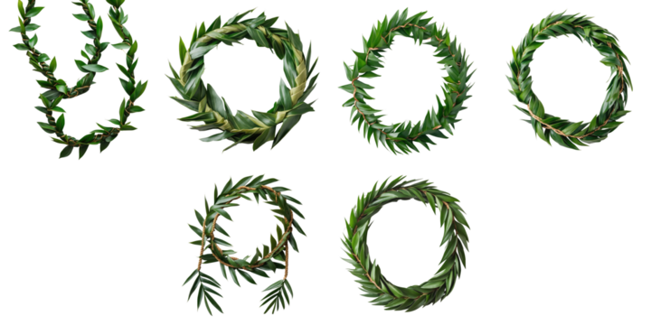 Double twist Maile-style Ti Leaf Lei collection isolated on transparent background featuring six distinct floral arrangements ideal for special occasions like graduations weddings and anniversaries...