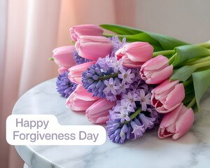 A close-up of a vibrant bouquet of pink tulips and purple hyacinths arranged on a marble table. Beautiful Pink and Purple Flowers Bouquet for Forgiveness Day.