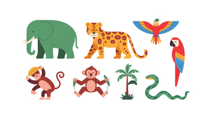 Obraz premium Colorful Jungle Animals: Elephant, Leopard, Monkeys, Parrots, Snake, and Palm Tree