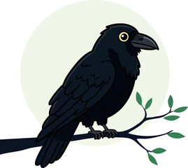 Fototapeta premium Black Crow Perched on Tree Branch Vector Illustration in Minimalist Style 