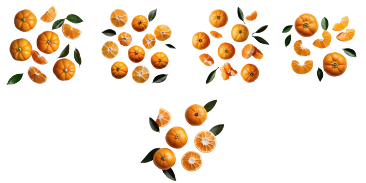 Group of ripe mandarin oranges and their segments arranged artistically on a transparent background with green leaves adding contrast and detail.