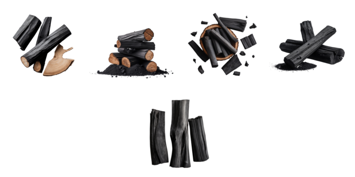Wood charcoal pieces in various shapes and arrangements on a transparent background, emphasizing texture and wood grain details, suitable for diverse graphic design applications.