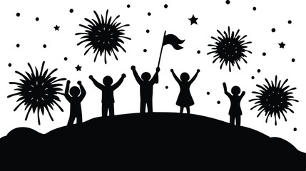 Silhouette Children enjoying Firework. Silhouette Children has flag on hand. 