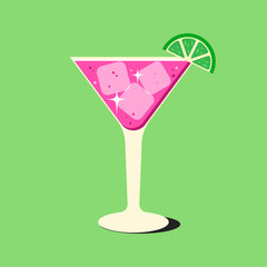 Illustration of cosmopolitan cocktail. Pink alcohol drink garnished with ice cubes and slice of lime. 