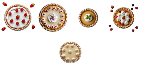 Fototapeta premium Assorted pies with various toppings including fruits and whipped cream displayed on a transparent background, featuring a circular arrangement of desserts.