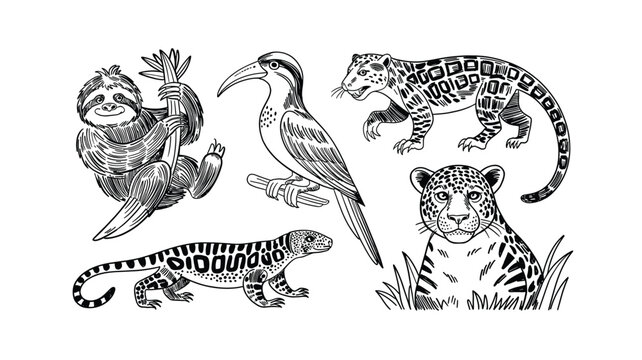 Hand-drawn vector illustration of animals in jungle like sloth and jaguar