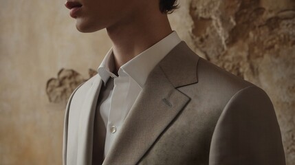 Sophisticated elegance, portrait of a man in bespoke tailored beige suit