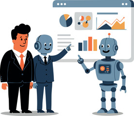 Businessmen and robot discussing data charts and analytics in office presentation vector illustration 