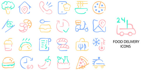 Food Delivery simple concept 24 hand drawn color icons set .Vector illustration.