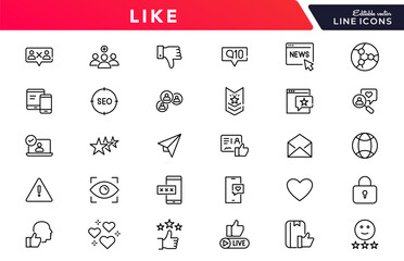 Like linear icon set. Thumbs up, liked, favorable, appreciation, affirmative, validation, favorite, endorse, right, ok, great outline vector icon set. UI thin line icon pack.