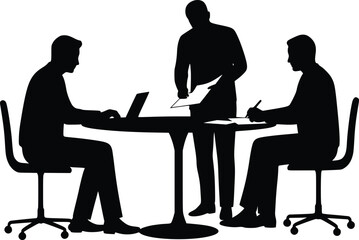 Silhouette illustration of team meeting showing one person with a laptop, one standing with papers, and one taking notes

