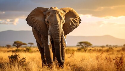 Obraz premium African elephant ( Loxodonta Africana ) male walking on savanna, looking at the camera.