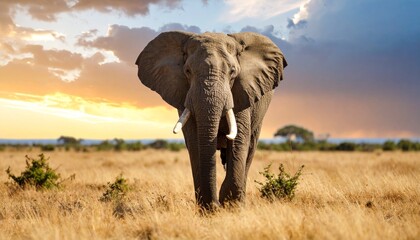 Fototapeta premium African elephant ( Loxodonta Africana ) male walking on savanna, looking at the camera.
