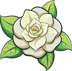 Illustration of a Blooming Gardenia Flower with Green Leaves on White Background