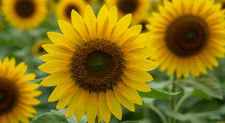 Obraz premium Close-Up of a Sunflower with Blurry Field of Sunflowers in Background