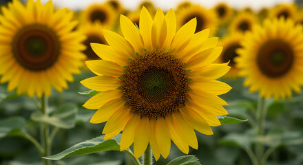 Fototapeta premium Close-Up of a Sunflower with Blurry Field of Sunflowers in Background