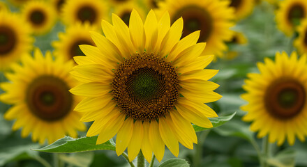 Obraz premium Close-Up of a Sunflower with Blurry Field of Sunflowers in Background