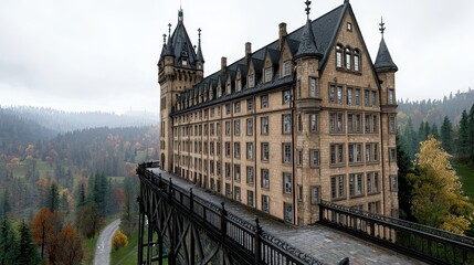 Majestic Stone Castle on Hilltop Overlooking Autumn Forest