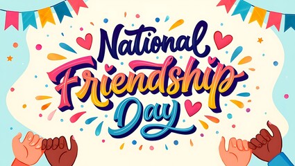 Colorful illustration celebrating national friendship day with hand gestures and festive decorations