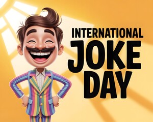 Celebrating International Joke Day with a happy cartoon man. A vibrant yellow background with radiating sunburst design features a smiling cartoon man  a mustache, celebrating International Joke Day.