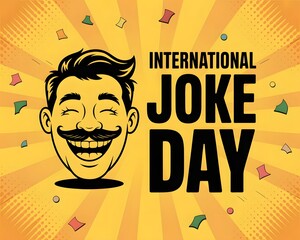 Celebrating International Joke Day with a happy cartoon man. A vibrant yellow background with radiating sunburst design features a smiling cartoon man  a mustache, celebrating International Joke Day.