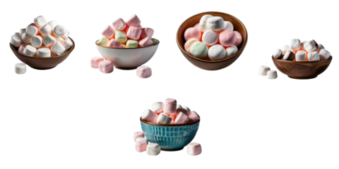 Assorted bowls filled with colorful marshmallows displayed on a neutral background showcasing various shapes and sizes of fluffy marshmallow confections.