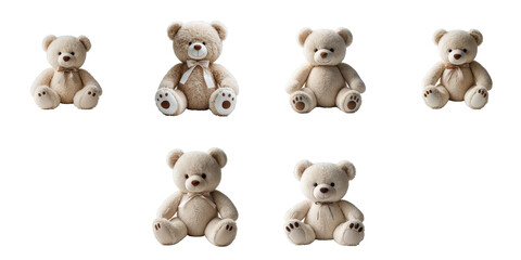 Collection of six teddy bears in various sizes and poses, plush texture, soft and huggable appearance, isolated on transparent background for versatile use.
