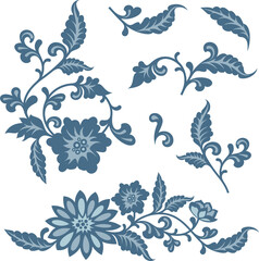 Vector floral blue ornaments in traditional Chinese Style. Exquisite romantic arabesque designs for page decorations, headers, wedding decors, invitations, greeting cards, embroidery, textile.
