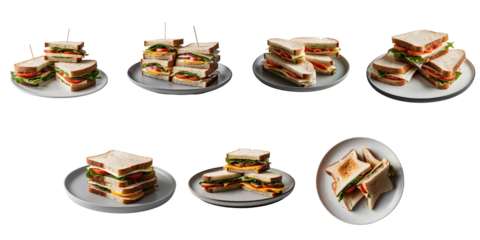 assorted sandwiches stacked on white plates isolated on transparent background with some featuring toothpicks and fresh ingredients like lettuce and tomatoes