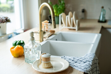 Plate with an ecobrush for washing dishes near the sink, soap in a glass bottle, a towel.