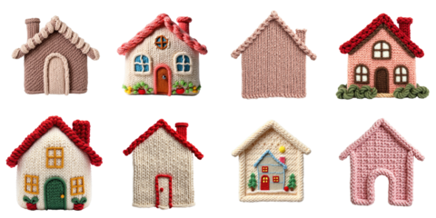 Collection of eight knitted fabric patches featuring embroidered designs of houses in various colors and styles on a transparent background.