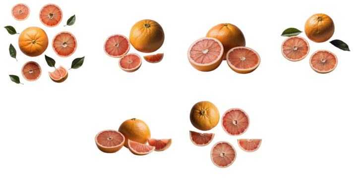 Assorted whole grapefruits and sliced segments displayed on a transparent background featuring vibrant orange and pink colors with green leaves accentuating the composition.