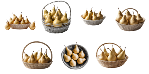 Multiple baskets filled with golden pears displayed on a transparent background, showcasing various arrangements and textures of the fruit in woven containers.