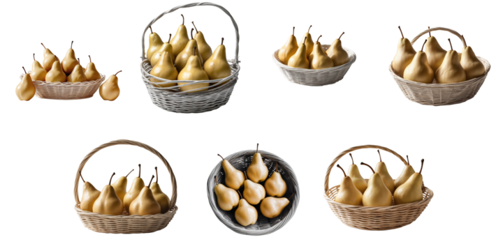 Multiple baskets filled with golden pears displayed on a transparent background, showcasing various arrangements and textures of the fruit in woven containers.