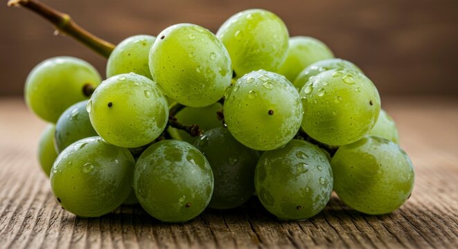 Fresh green grapes, dewy and plump, rest on a rustic wooden surface
