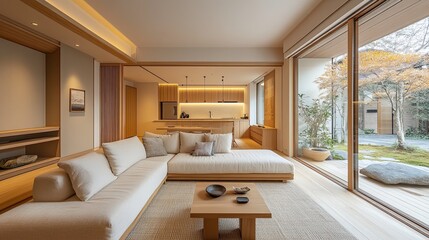 Cozy Japandi home interior with beige sofa, wooden furniture, warm lighting, and minimalist decor elements. 