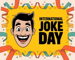 Celebrating International Joke Day with a happy cartoon man. A vibrant yellow background with radiating sunburst design features a smiling cartoon man  a mustache, celebrating International Joke Day.